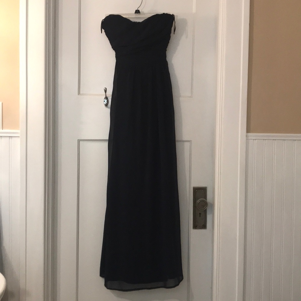 Navy strapless chiffon evening gown with bow